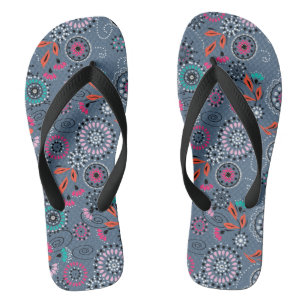 Ethnic folk abstract floral pattern retro grey blu jandals
