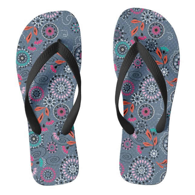 Ethnic folk abstract floral pattern retro grey blu jandals (Footbed)