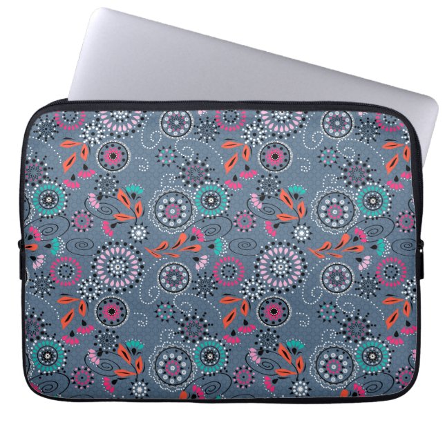 Ethnic folk abstract floral pattern retro grey blu laptop sleeve (Front)
