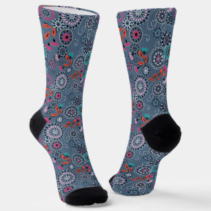 Ethnic folk abstract floral pattern retro grey blu socks