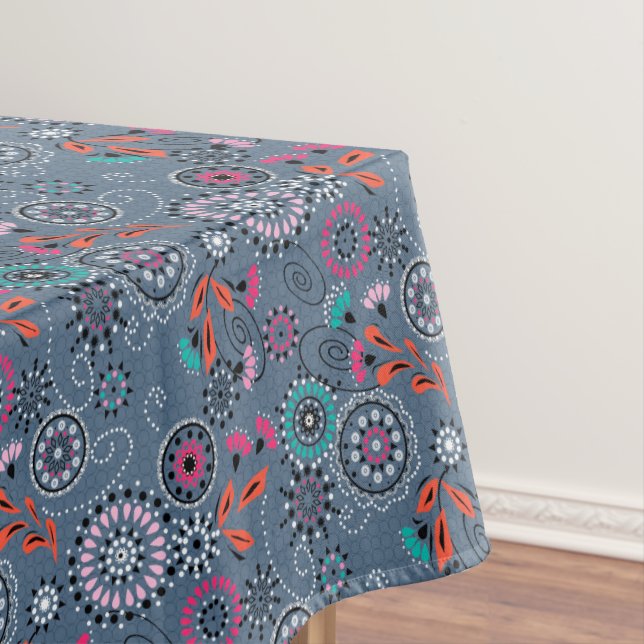 Ethnic folk abstract floral pattern retro grey blu tablecloth (In Situ)