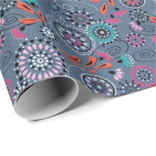Ethnic folk abstract floral pattern retro grey blu wrapping paper