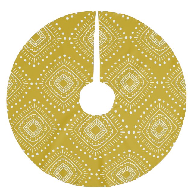Ethnic geometric pattern: golden yellow, white brushed polyester tree skirt (Front)