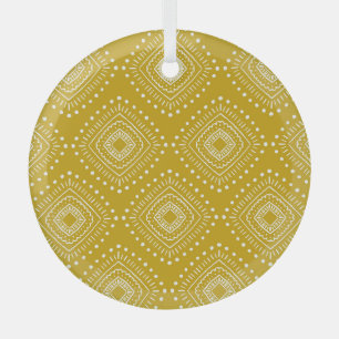 Ethnic geometric pattern: golden yellow, white glass tree decoration