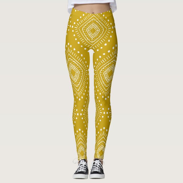 Ethnic geometric pattern: golden yellow, white leggings (Front)