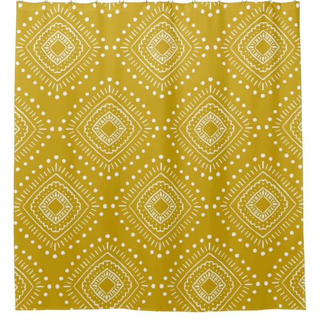 Ethnic geometric pattern: golden yellow, white shower curtain (Front)