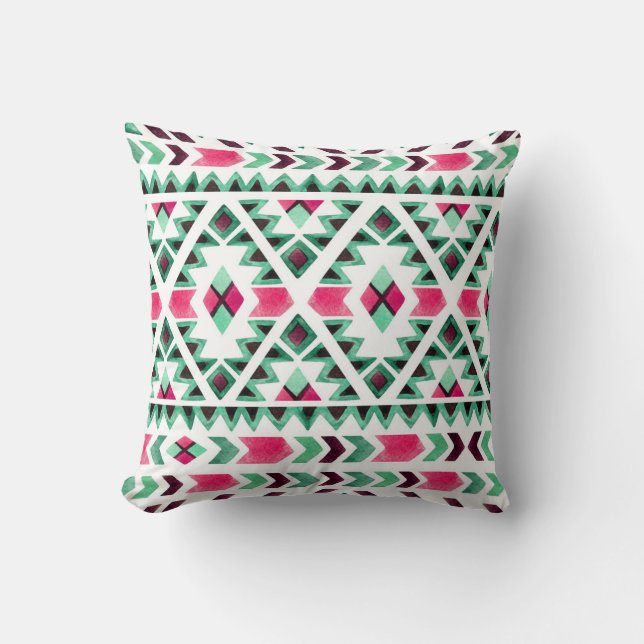 Ethnic geometric, watercolor hand-painted cushion (Front)