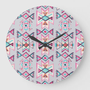 Ethnic geometric, watercolor tribal pattern. large clock