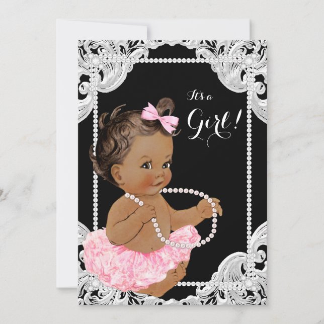 Ethnic Girl Pink Black Pearl Baby Shower Invitation (Front)