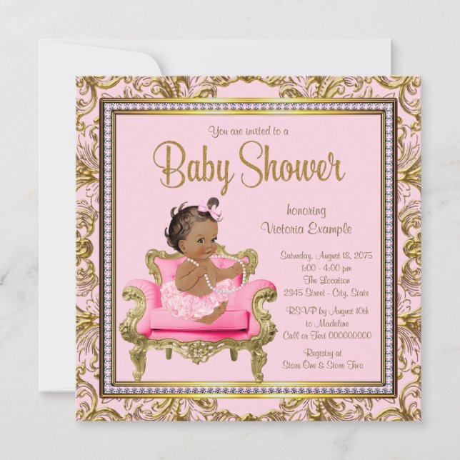 Ethnic Girl Pink Gold Chair Tutu Baby Shower Invitation (Front)