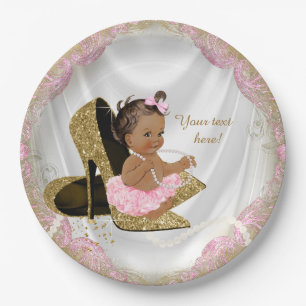 Ethnic Girl Pink Gold High Heel Baby Shower Paper Plate