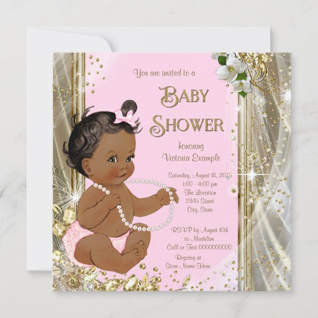 Ethnic Girl Pink Gold Pearl Baby Shower Invitation (Front)