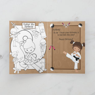 Ethnic Girls Karate Colouring Page Happy Birthday Card
