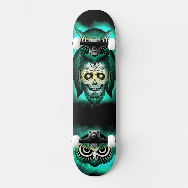 ETHNIC GREEN OWL SKULL SKATEBOARD (Front)