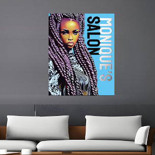 Ethnic Hair Salon Wall Sign, Long Braids Silver Foil Prints