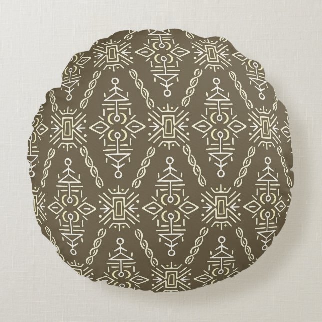 Ethnic Hand Drawn Boho Tile Round Cushion (Front)
