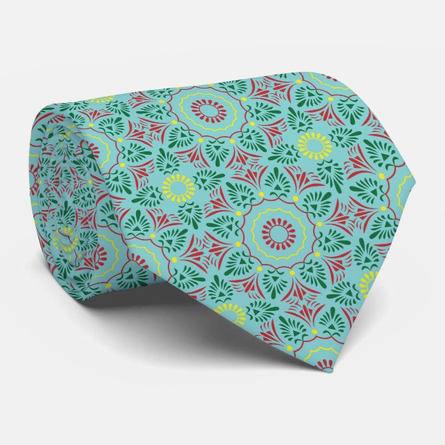 Ethnic Indian arabic cyan and red pattern Tie (Rolled)