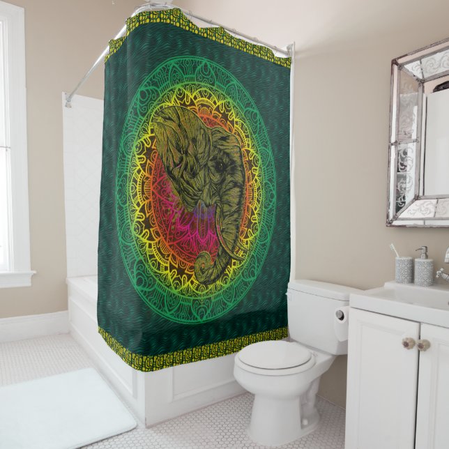 Ethnic Indian Style - Mandala - Tribal Elephant Shower Curtain (In Situ)