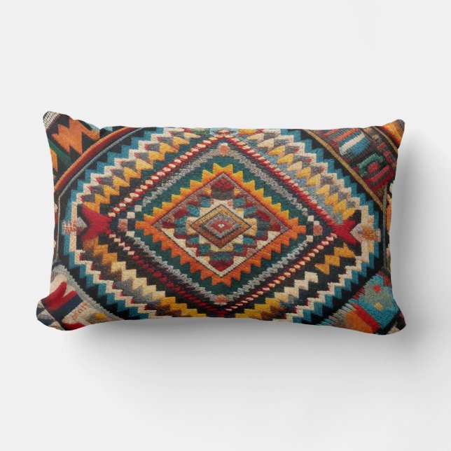 Ethnic Kilim Turkish Anatolian Geometric Farmhouse Lumbar Cushion (Front)