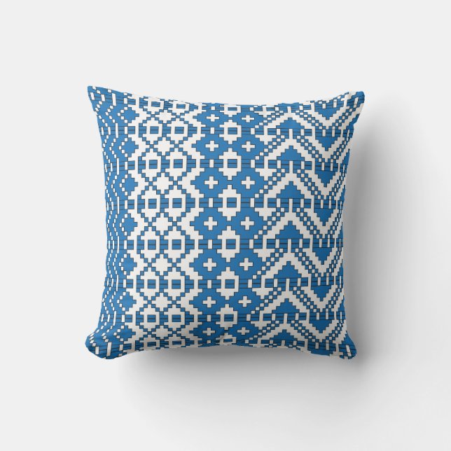 Ethnic Latvian blue and white folk art pattern Cushion (Front)