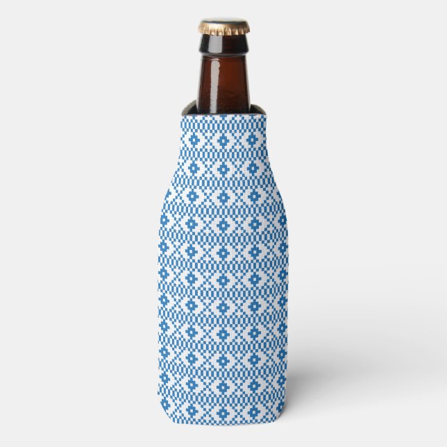 Ethnic Latvian blue and white tribal folk art Bottle Cooler (Bottle Front)