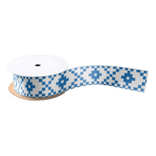 Ethnic Latvian blue and white tribal folk art Satin Ribbon