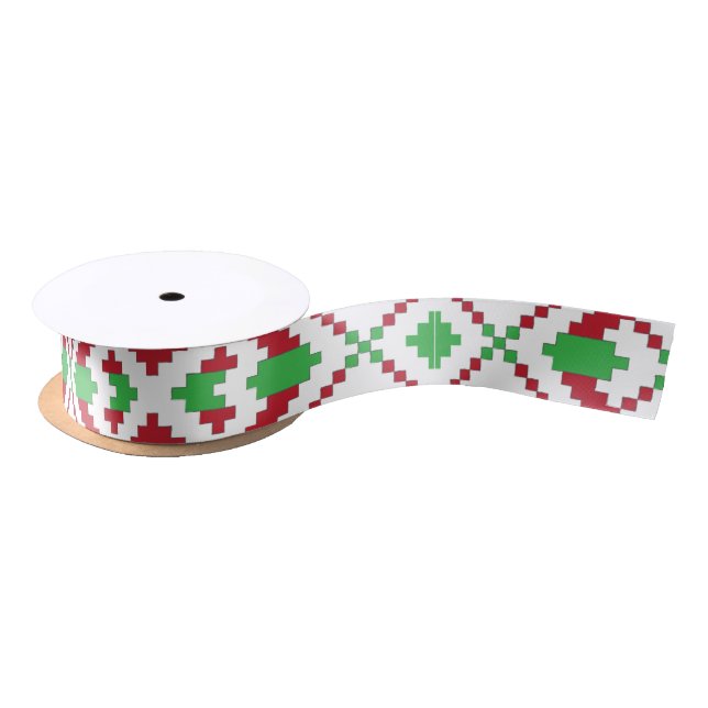Ethnic Latvian green and red tribal folk art Satin Ribbon (Spool)