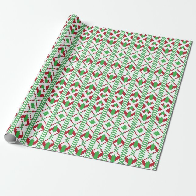 Ethnic Latvian green and red tribal folk art Wrapping Paper (Unrolled)