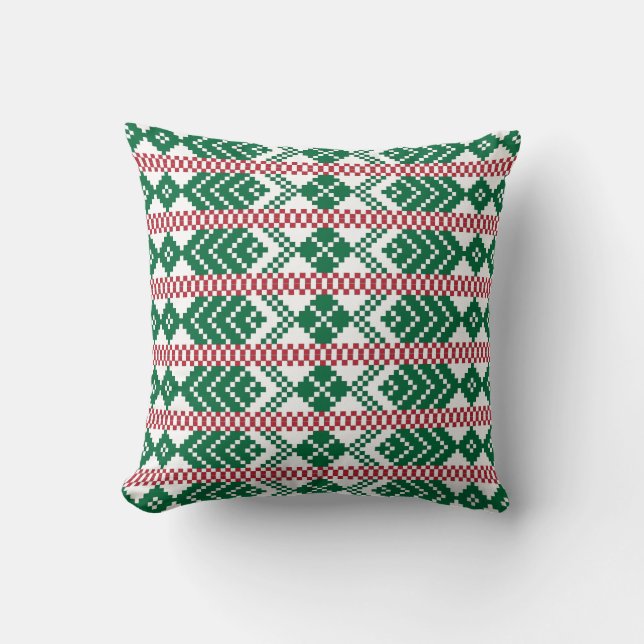 Ethnic Latvian green and red tribal pattern Cushion (Front)