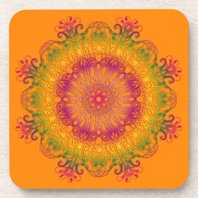 ethnic mandala on orange background coaster (Front)