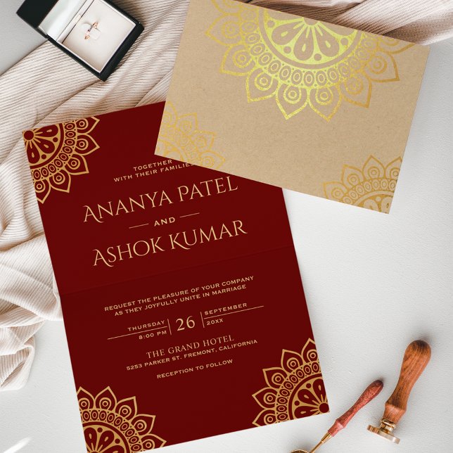Ethnic Mandala Red Indian Wedding Gold Foil Card (Creator Uploaded)