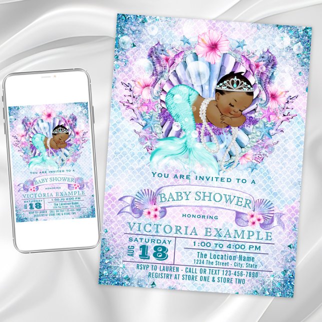 Ethnic Mermaid Baby Shower Invitations (Cute mermaid baby shower invitation. Instant download and printed invitations available.)