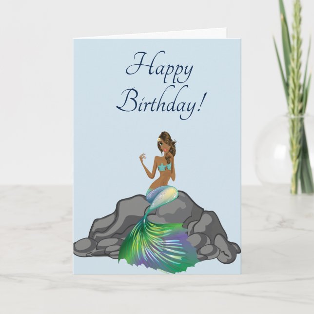Ethnic Mermaid Dark Hair Happy Birthday Card (Front)