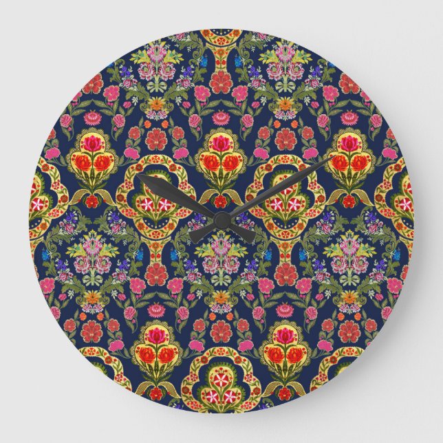 Ethnic Mughal Floral: Blue Seamless Pattern Large Clock (Front)