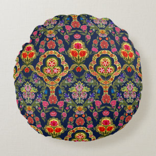 Ethnic Mughal Floral: Blue Seamless Pattern Round Cushion
