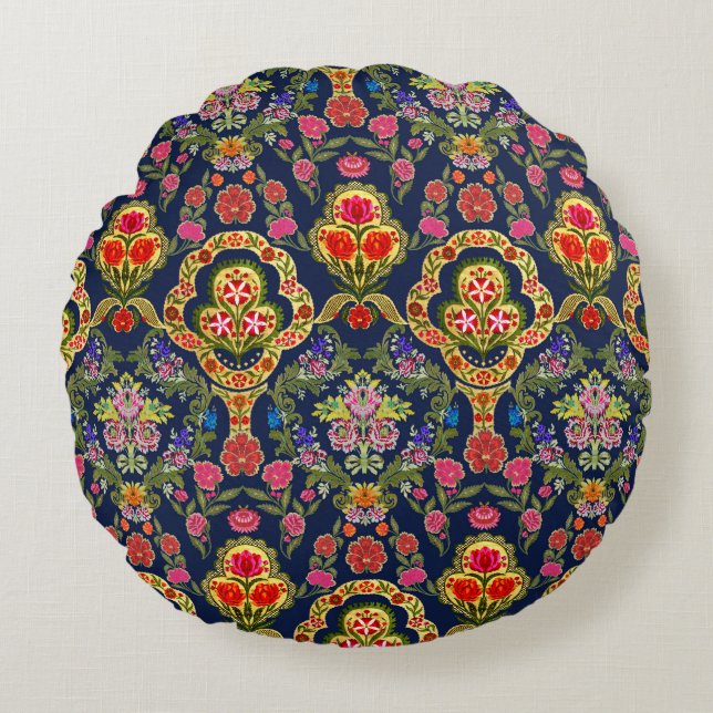 Ethnic Mughal Floral: Blue Seamless Pattern Round Cushion (Front)