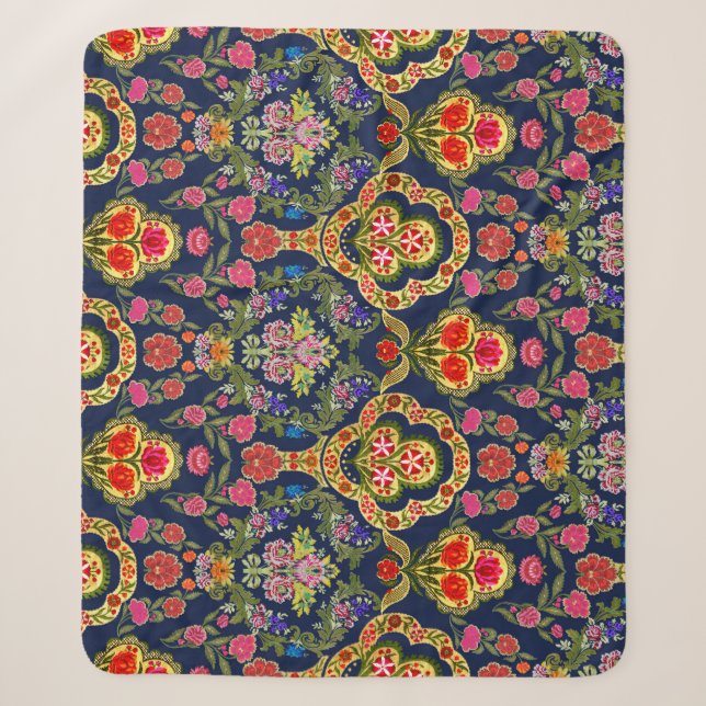 Ethnic Mughal Floral: Blue Seamless Pattern Sherpa Blanket (Front)