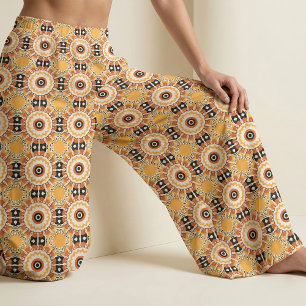 Ethnic Orange Black & White Damask Mosaic Pattern Fabric