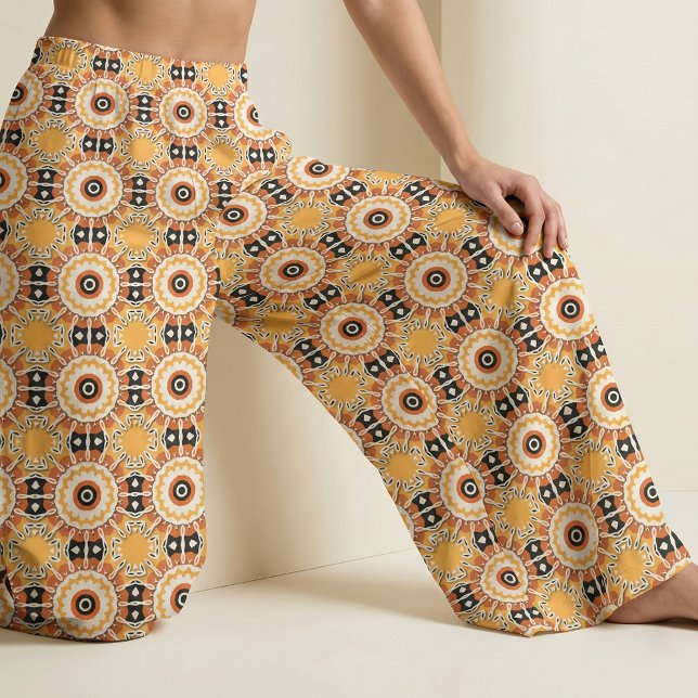 Ethnic Orange Black & White Damask Mosaic Pattern Fabric (Creator Uploaded)