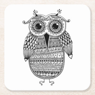 Ethnic Owl Ink Drawing Square Paper Coaster