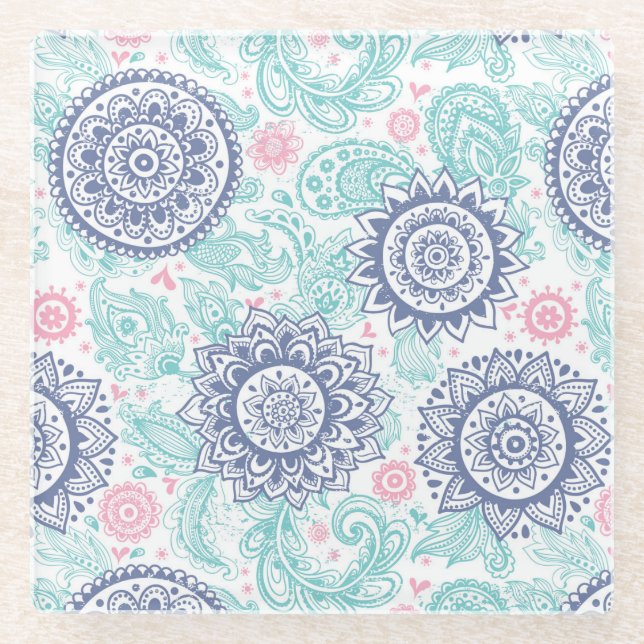 Ethnic Paisley Pattern Glass Coaster (Front)