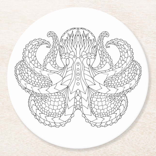 Ethnic Patterned Octopus Round Paper Coaster (Front)