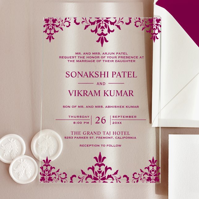 Ethnic Pink Damask Indian Wedding Acrylic Invitations (Creator Uploaded)