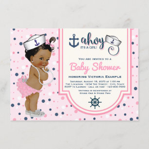 Ethnic Pink Navy Blue Girl Nautical Baby Shower Invitation