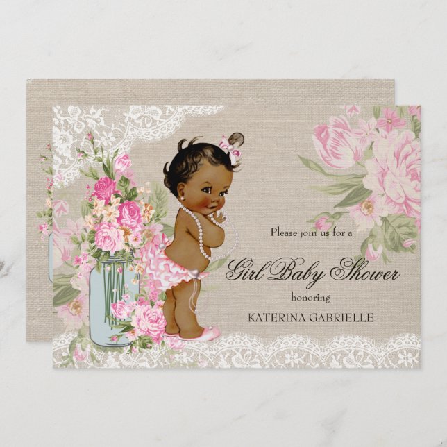 Ethnic Pretty Shabby Chic Lace Floral Baby Shower Invitation (Front/Back)