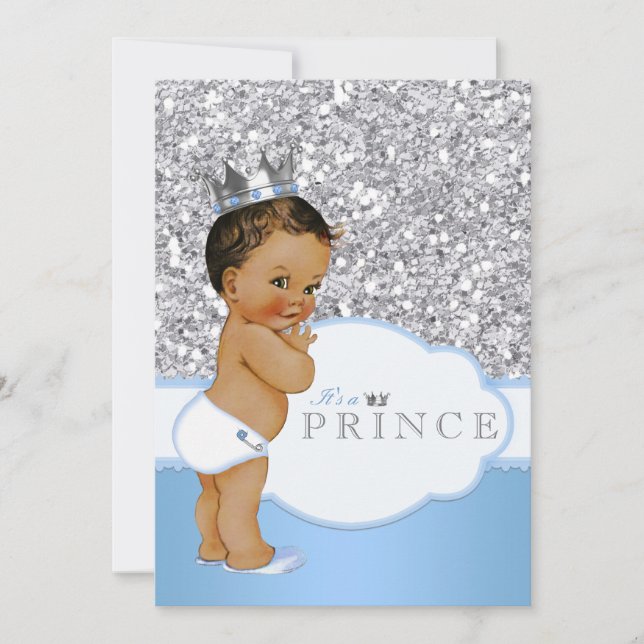 Ethnic Prince Baby Shower Blue and Silver Invitation (Front)