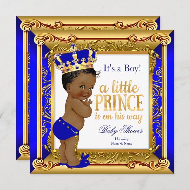 Ethnic Prince Baby Shower Blue Faux Gold Invitation (Front/Back)