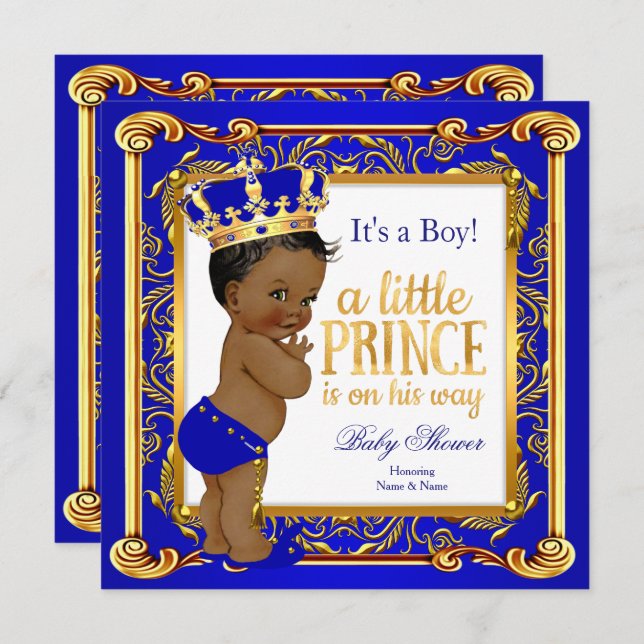 Ethnic Prince Baby Shower Damask Blue Gold Invitation (Front/Back)