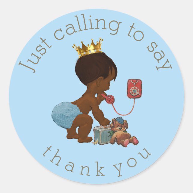 Ethnic Prince on Phone Thank You Baby Shower Classic Round Sticker (Front)