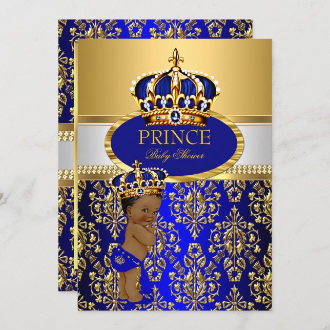 Ethnic Prince Royal Blue Crown Baby Shower Invitation (Front/Back)